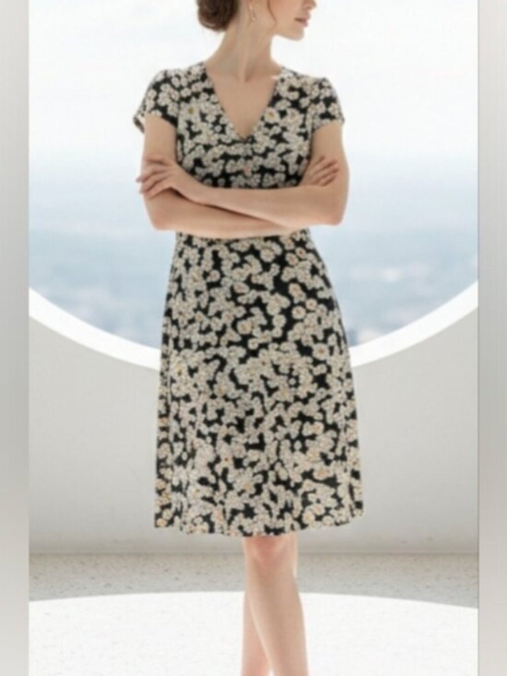 Toad & Co. SZ S Peasant Spring Navy Blue Daisy Print Cap Sleeve Fit Flare Dress